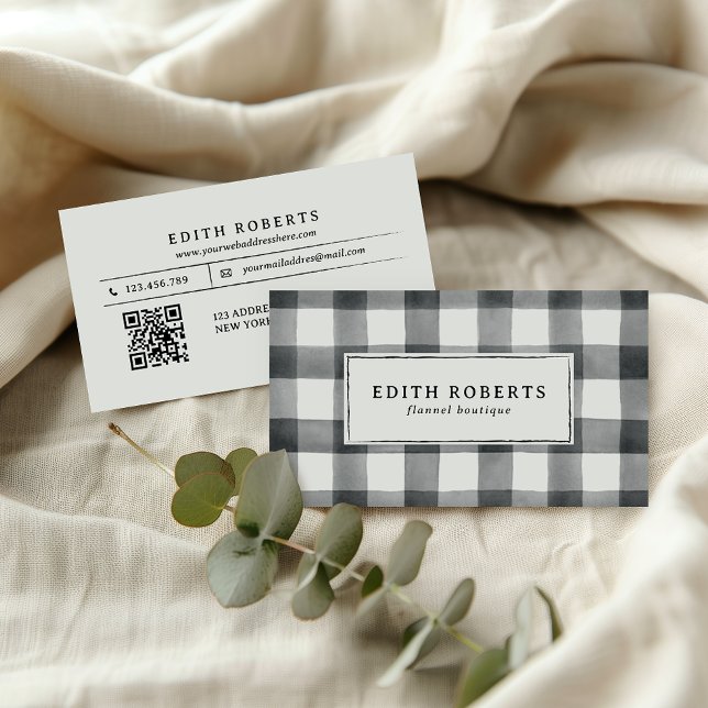 ModernBlack Watercolor Buffalo Plaid QR CODE Business Card (Creator Uploaded)