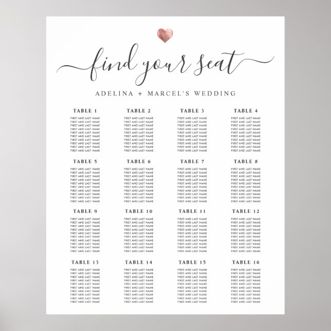 ModernCalligraphy Gold Heart Wedding Seating Chart (Front)
