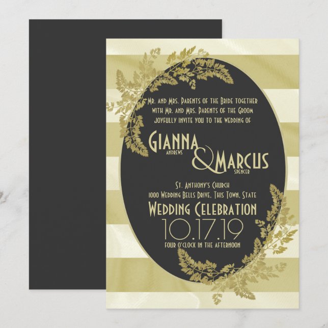 Moderne Stripe and Golden Leaf Wedding Invitation (Front/Back)