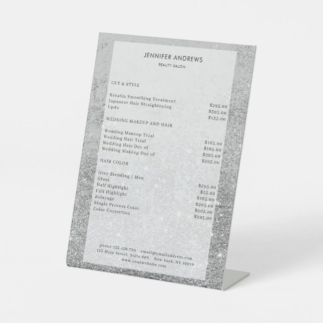 Moderner Silber Glitzer Salon Price  Sockelschild Pedestal Sign (Front)