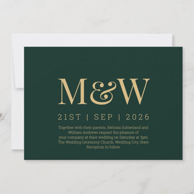 ModernForrest Green Gold Monogram Wedding Invitation (Front)