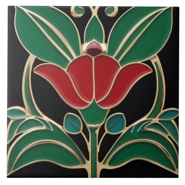 Modernist Art Nouveau Bold Black Green Red Flower Tile (Front)