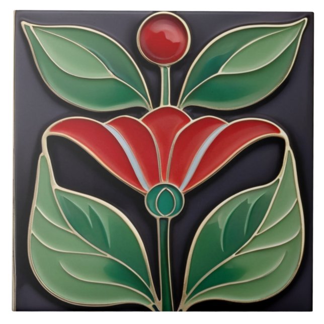 Modernist Art Nouveau Faux Relief Bold Red Flower Tile (Front)