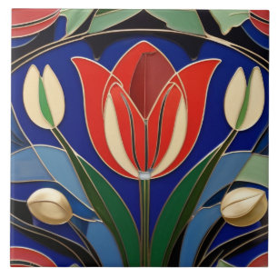 Modernist Art Nouveau Red Tulip Flower Floral Tile