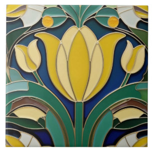 Modernist Art Nouveau Yellow Tulip Flower Tile