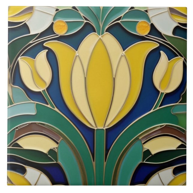 Modernist Art Nouveau Yellow Tulip Flower Tile (Front)