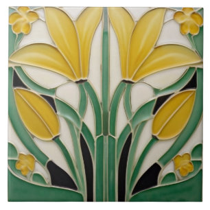 Modernist Art Nouveau Yellow Tulip Flowers Tile