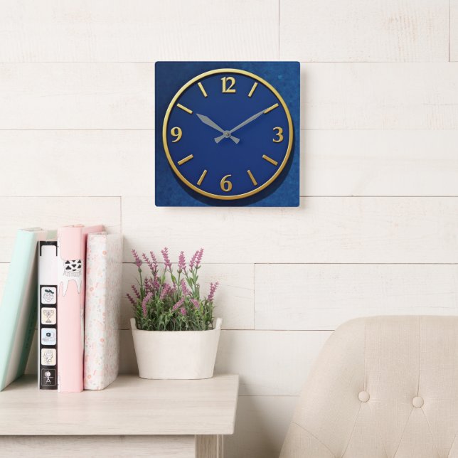 Modernist Blue + Gold Square Wall Clock (Reading Room)