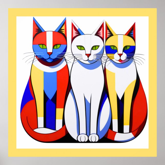 Modernist Cats Vibrant Tri-Colour Cats Wall Art (Front)