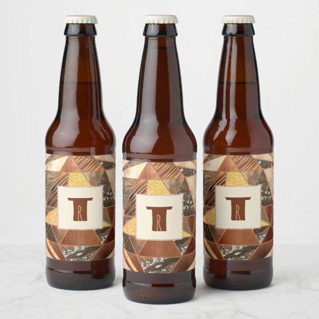 Modernist Copper and Gold Geometry Monogram Beer Bottle Label (Bottles)