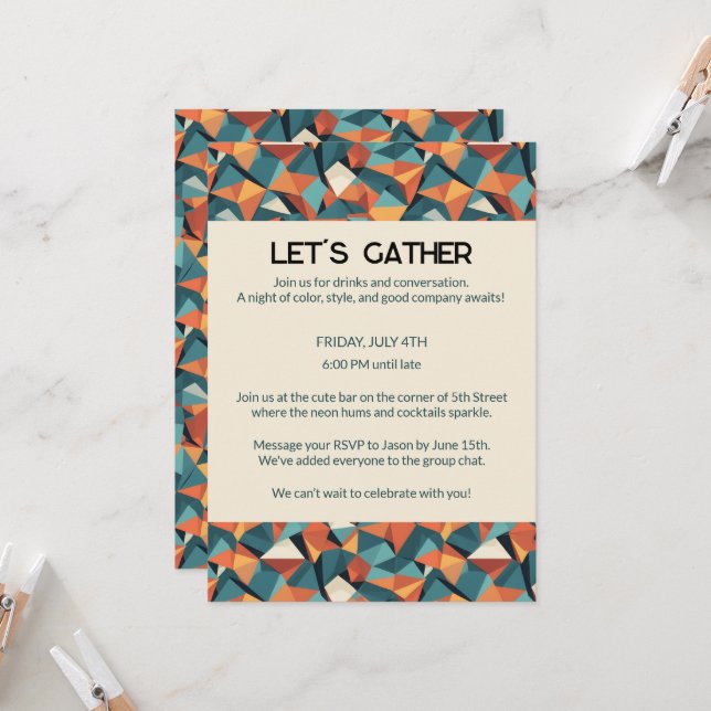 Modernist Facets | Prism Orange Teal Custom Invitation (Front/Back In Situ)