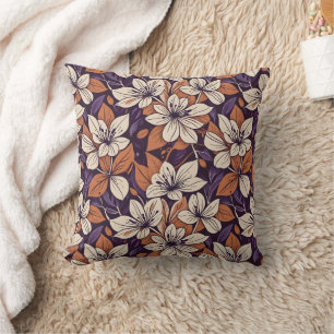 Modernist Fall Flowers Purple & Cream Throw Pillow
