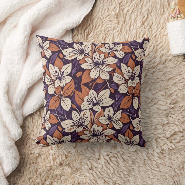 Modernist Fall Flowers Purple & Cream Throw Pillow (Blanket)