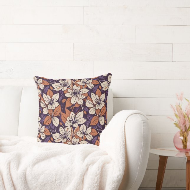Modernist Fall Flowers Purple & Cream Throw Pillow (Couch)