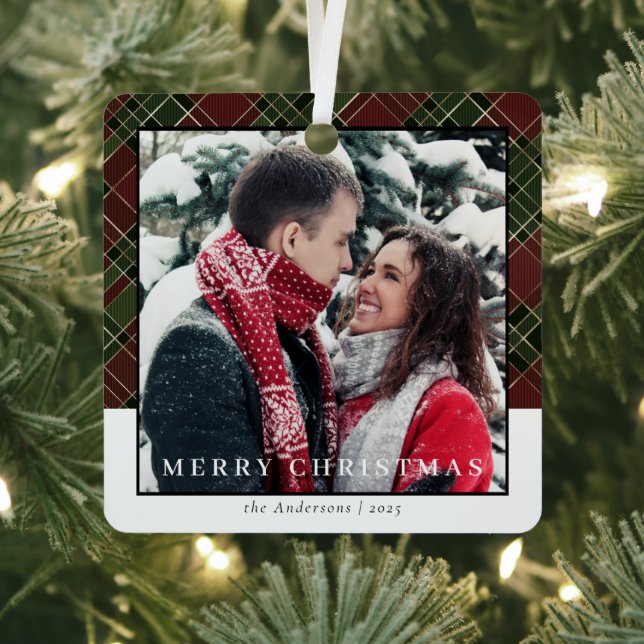 Modernl Stylish Red Plaid Christmas Couple Photo Metal Tree Decoration (Insitu)