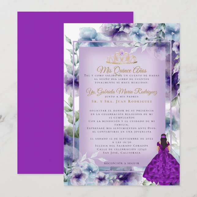 Modernos Flores Moradas Quinceañera  Invitation (Front/Back)