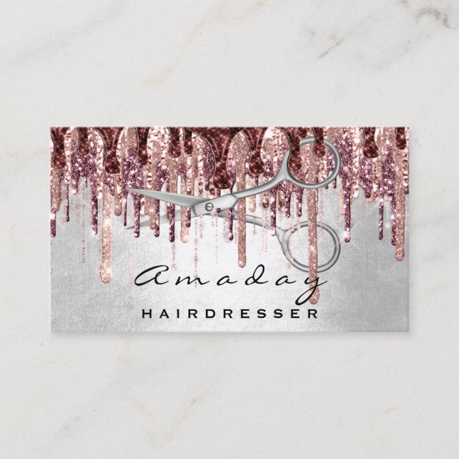 ModernProfessional Hairdresser Scissors Rose Drips Business Card (Front)