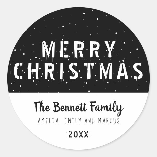 Moderrn Black and White Typography Merry Christmas Classic Round Sticker (Front)