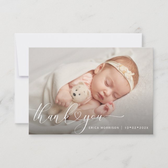 moderrn heart script thank you birth announcement (Front)