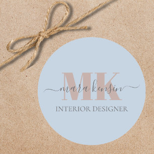 Modert Mocha Mousse Monogram Dusty Blue Classic Round Sticker