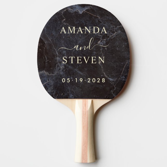 Modest Dark Stone Couple Names with Wedding Date Ping Pong Paddle (Back)