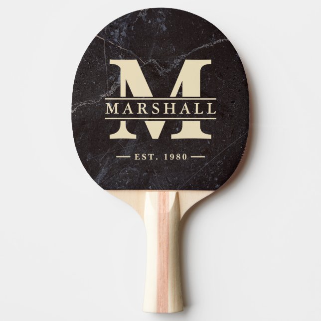 Modest Dark Stone Monogram & Name Overlay Ping Pong Paddle (Front)