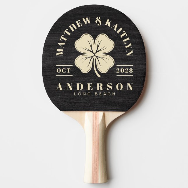 Modest Dark Wood Irish Lucky Clover Wedding Crest Ping Pong Paddle (Front)