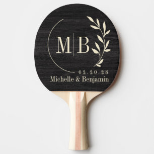 Modest Dark Wood Leaf Wedding Monogram Ping Pong Paddle
