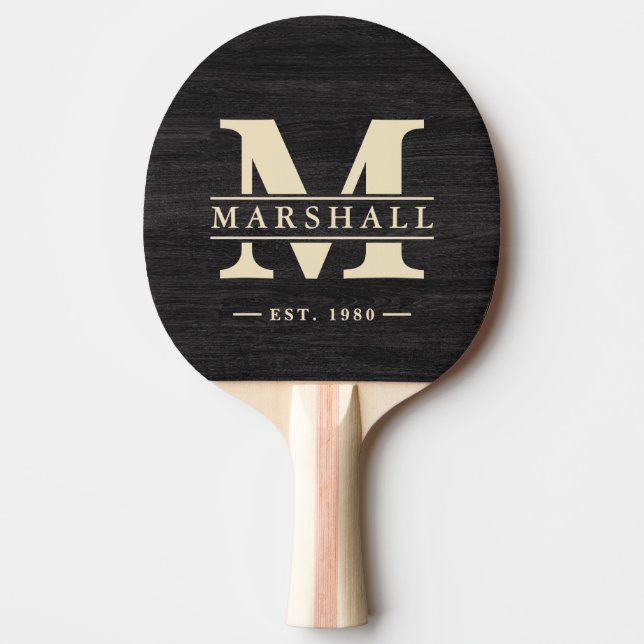 Modest Dark Wood Monogram & Name Overlay Ping Pong Paddle (Front)