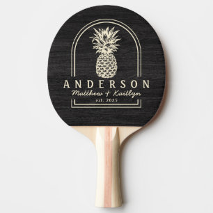 Modest Dark Wood Pineapple Wedding Arch & Name Ping Pong Paddle