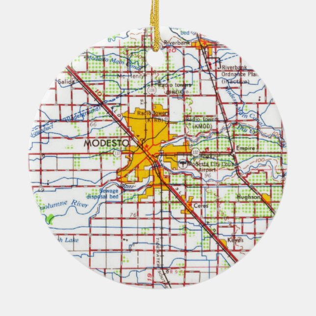 Modesto CA 1966 Map Ceramic Tree Decoration (Back)