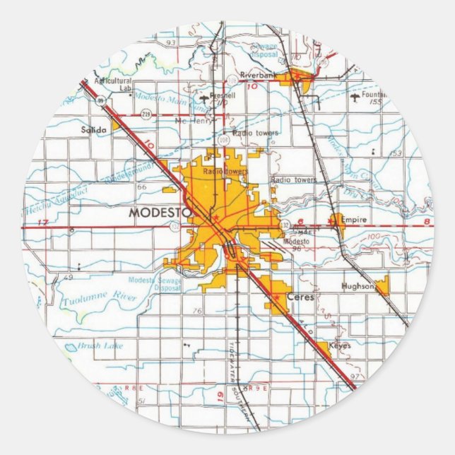 Modesto California Vintage Map Classic Round Sticker (Front)