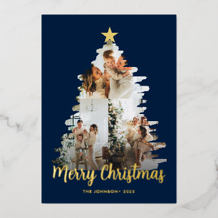 Modish Blue Christmas Tree Frame 3 Photo Foil Holiday Card