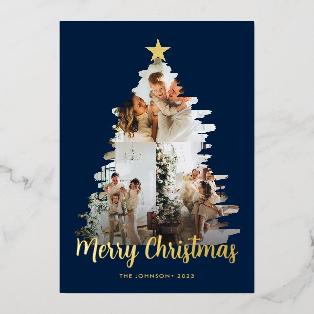 Modish Blue Christmas Tree Frame 3 Photo  Foil Holiday Card (Front)
