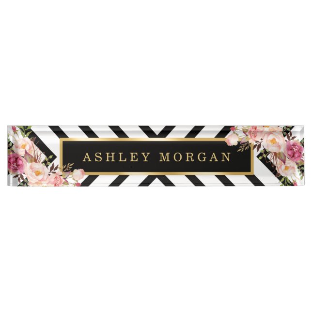 Modish Floral Gold Frame Black White Stripes Nameplate (Front)