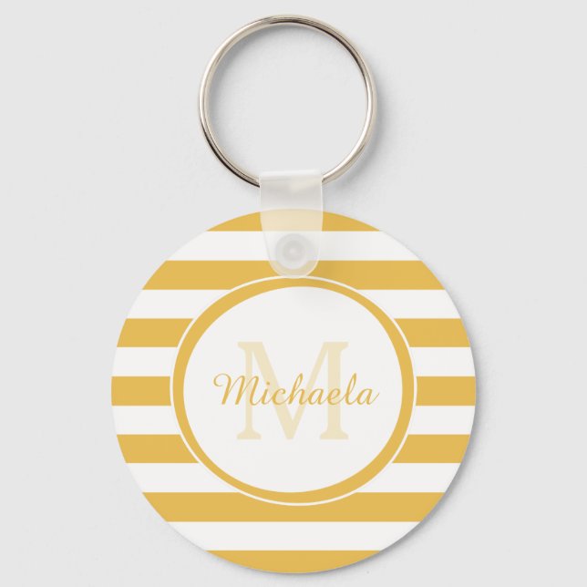 Modish Golden Yellow Broad Stripes With Monogram Key Ring (Front)