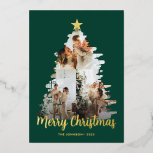 Modish Green Christmas Tree Frame 3 Photo Foil Holiday Card