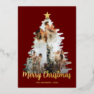 Modish Red Christmas Tree Frame 3 Photo Foil Holiday Card