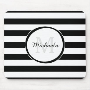 Modish Thick Black and White Stripes and Monogram Mouse Mat