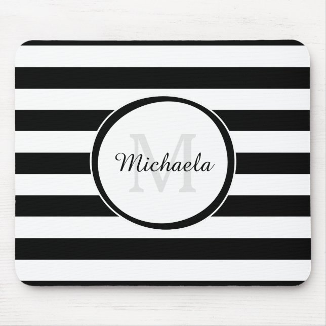 Modish Thick Black and White Stripes and Monogram Mouse Mat (Front)
