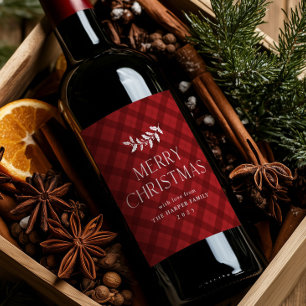 Modren Red Plaid Rustic Christmas Wine Label