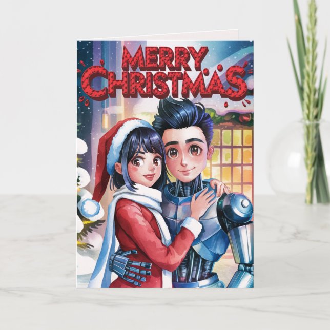 Moe Chatbot Love Female + Robot Christmas Holiday Card (Front)