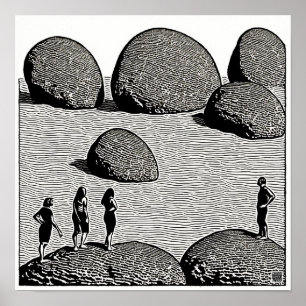 Moeraki Boulders Woodblock Print