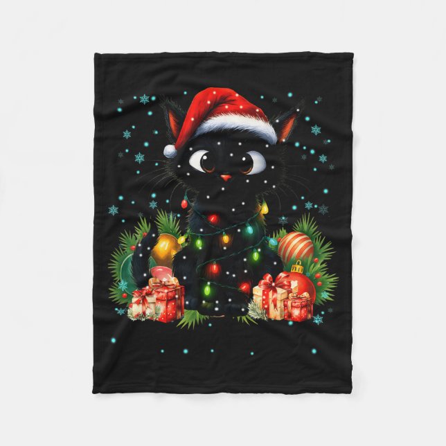 Moewy Christmas Black Cute Cat Santa Hat Xmas Wome Fleece Blanket (Front)