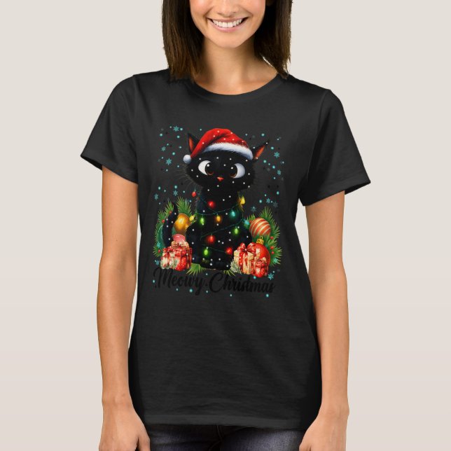 Moewy Christmas Black Cute Cat Santa Hat Xmas Wome T-Shirt (Front)