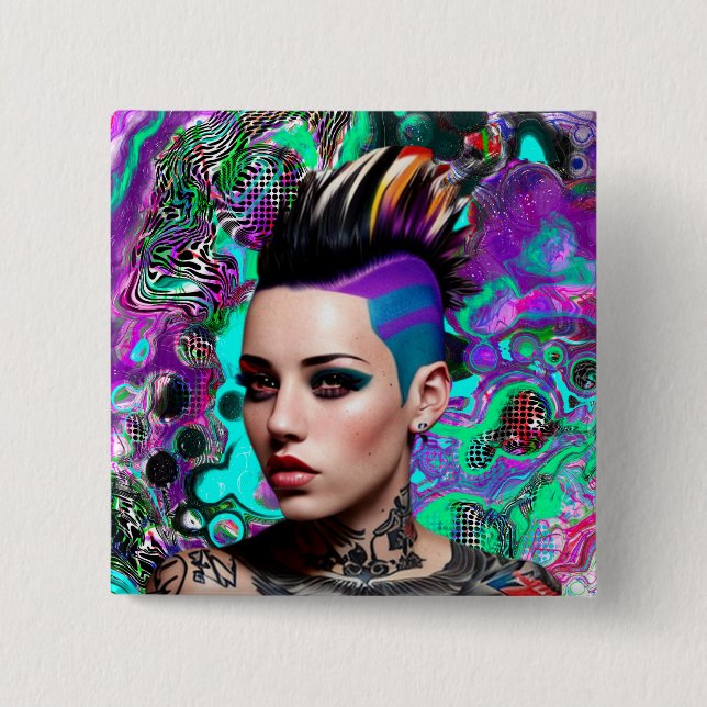 Mohawk Punk Girl Abstract Art 15 Cm Square Badge (Front)