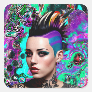 Mohawk Punk Girl Abstract Art Square Sticker