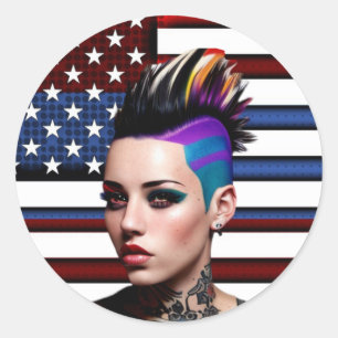 Mohawk Punk Girl with American Flag Classic Round Sticker