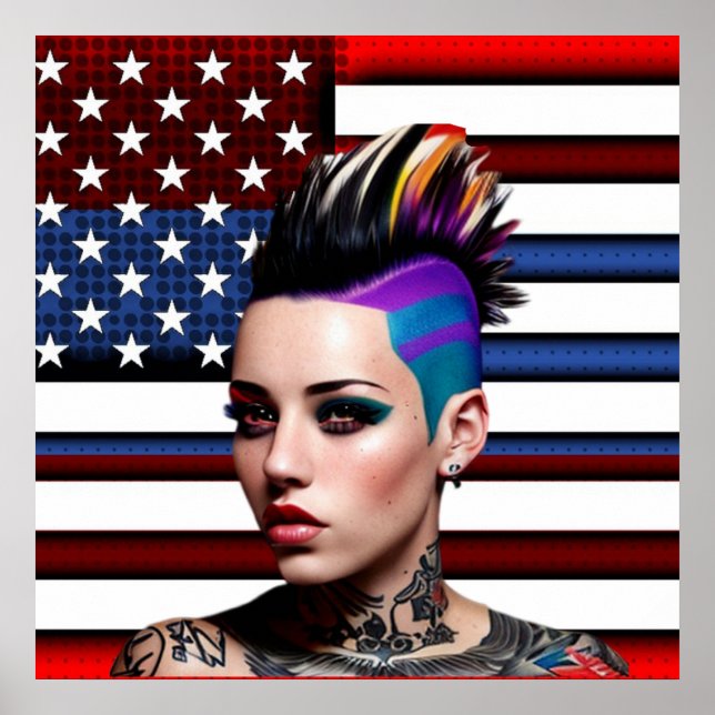 Mohawk Punk Girl with American Flag Poster (Front)