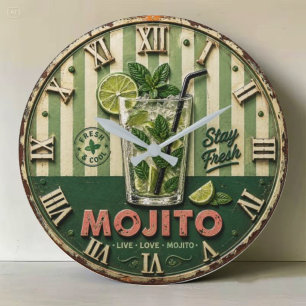 Mojito Cocktail Rustic Vintage Kitchen & Home Bar Large Clock